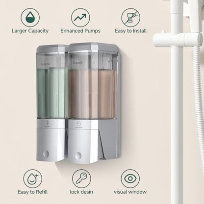 Shampoo and Conditioner Dispenser 2 Chamber No Drill Shower Soap Dispenser Wall Mounted Shampoo Conditioner Body Wash Dispenser 2 * 500ml Refillable Shower Dispenser for Bathroom Hotel, Silver - color: Silver 2 Chamber