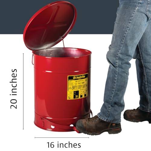Justrite 14 Gallon Galvanized Steel Oily Waste Can, 20" x 16" Metal Oil Rag Safety Can with Foot Operated Self-Closing Lid for Oil Rag Disposal, Made in The USA, Red, 09500 - color: Red, size: 14 Gallon, style: Foot-Operated Lid