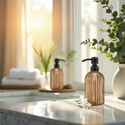 16 OZ Amber Glass Soap Dispenser, Amber Stripe Bathroom Hand Soap Dispensers with Stainless Steel Bronze Pump,Brown Glass Kitchen Hand Soap Dispenser with Oil Rubbed Bronze Pump,2 Packs - color: Oil Rubbed Bronze+amber, size: 2-Pack