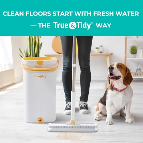 True & Tidy® TrueClean Mop & Bucket Spin Mop Pump System, Patent Pending 3 Compartments Separate Clean & Dirty Water, Hands-Free Self-Wringing Aluminum Head, Machine Washable Pads, in Gift Box