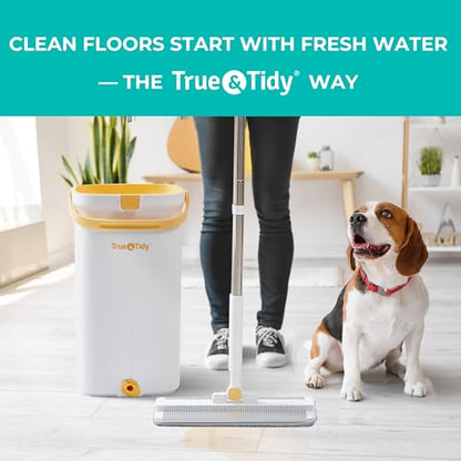 True & Tidy® TrueClean Mop & Bucket Spin Mop Pump System, Patent Pending 3 Compartments Separate Clean & Dirty Water, Hands-Free Self-Wringing Aluminum Head, Machine Washable Pads, in Gift Box