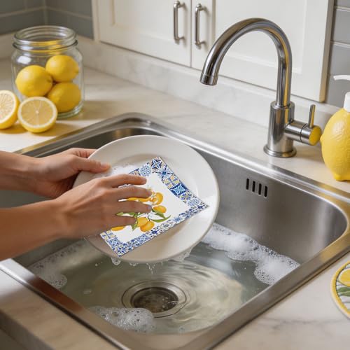 Lemons Swedish Dishcloths for Kitchen, 6 Pcs Reusable Tiles Lemons Sponge Cleaning Cloths, Absorbent Summer Yellow Fruit Dish Cloths Towels Wipes for Cooking Home Decoration Housewarming Gift - style: Tiles Lemons