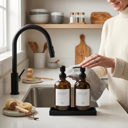 2 Packs Glass Dish Soap Dispenser Set for Kitchen, Hand and Dish Soap Dispenser with Stainless Steel Pump & Resin Tray, Rental-Modern Refillable Countertop Soap Dispenser for Bathroom,Amber - color: Amber