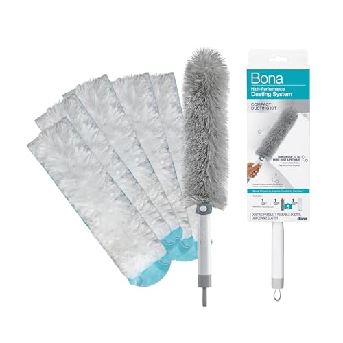Bona High Performance Dusting System - 1 Compact Handle, 5 Disposable Dusters, & 1 Reusable Duster - Compact Dusting Kit Removes Dust & Pet Hair - style: Compact Dusting Kit