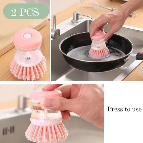 2 Pack Dish Brush with Soap Dispenser for Dishes Pot Pan Kitchen Sink Scrubbing Easy to Clean Kitchen Utensils,Pink - color: Pink