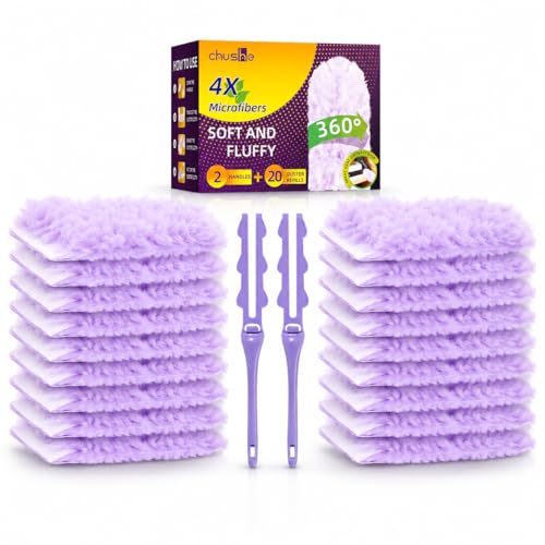 Duster Refills Compatible with Swiffer, 20 Count with 2 Handles, Heavy Duty 360° 4X Microfiber Stay‑On Pads, Unscented Disposable Duster for Pet Hair, Blinds, Ceiling Fans, Home Cleaning