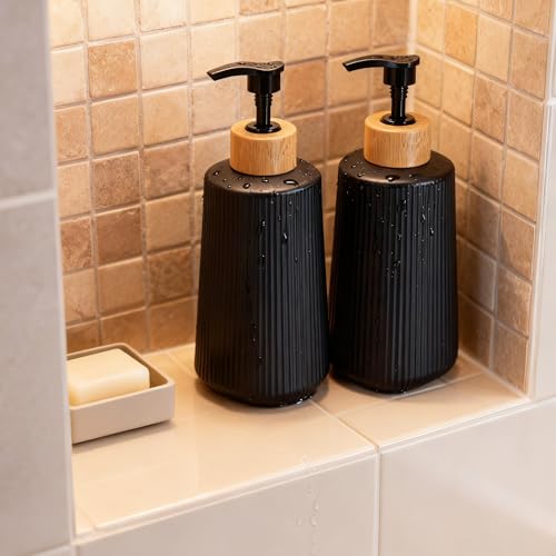 Glass Soap Dispenser, Thickened Glass Hand Soap Dispenser for Bathroom, Kitchen Dish Washing Liquid Bottles, Shampoo and Conditioner Bottles, Modern Farmhouse Style, (Black, Set of 1, 12oz)