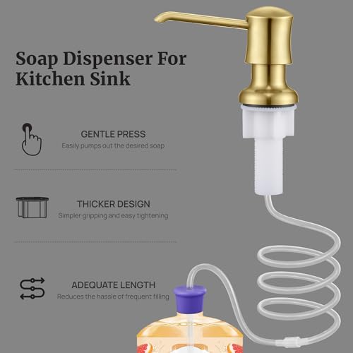Sink Soap Dispenser for Kitchen Sink Brushed Gold Upgrade with 40" Silicone Kitchen Soap Extension Hose, Connect to Your Soap Bottle Directly - color: Brushed Gold, size: with Tube Kit