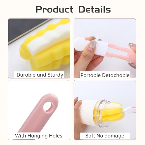 4 Pcs Bottle Brush Sponge, Cup Water Bottle Sponge Brush Cleaner, Detachable Cleaning Brushes for Cleaning with Handle for Glasses Mugs(4Pcs+2 Nipple Brushes) - size: 4Pcs+2 Nipple Brush