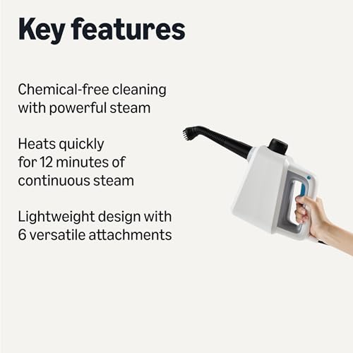 Amazon Basics Handheld Steam Cleaner for Home with 9 Accessories, Powerful 1000W Steam Shot, 8.5oz Tank, 12ft Cord, White - style: Handheld Cleaner