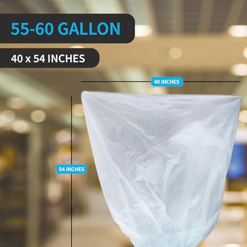 Large Garbage Bag - 55-60 Gallon Capacity, Heavy Duty, High Density, Tear Resistant, Unscented, Extra Strength for Commercial, Industrial, Office, House, Lawn, Events, Bulk Qty 150 Bags - style: 55-60 Gal, 17 Micron Equiv, 150 Count, Clear