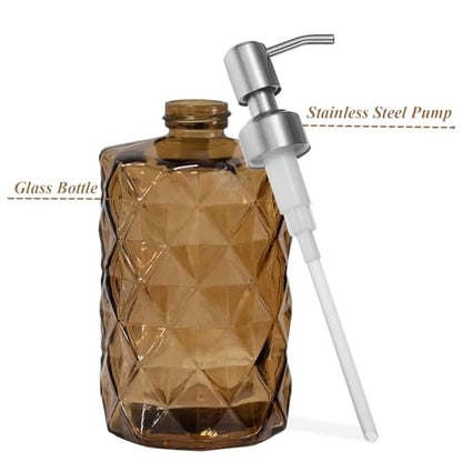 12Oz Brown Glass Soap Dispenser with Stainless Steel Pump, Refillable Kitchen Liquid Hand Soap Dispenser with Diamond Design, for Dispense Hand soap, Dish Soap, Lotion, Bathroom, Countertop, Hotel - color: Brown Diamond