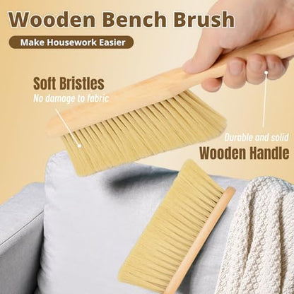 2 Pieces Woooden Dust Brush Hand Broom Bench Brush with Long Wood Handle Whisk Broom Soft Bristle Brush for Counter Bed Sofa Car Fireplace Clothes Household Cleaning - color: Khaki