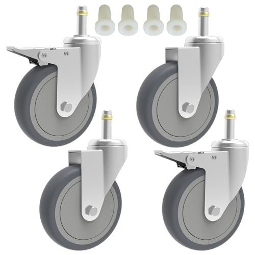 RILIDRI 4-Inch Swivel Stem Caster, 7/16-Inch Stem Diameter Rubber Wheel, Heavy Duty TPR Replacement Wheels for Rubbermaid Mop Bucket Cart Grill Casters - 4 Pack (2 Brakes 2 Swivel) - style: 4 Inch-200LB (2 Double Brakes)