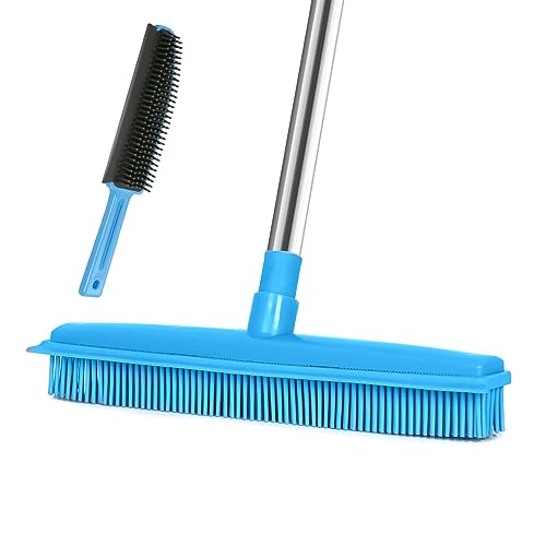 Landhope Fur Remover Broom, Rubber Broom with Squeegee Long Handle, 50 inches Sweeping Rug Brush Clean Carpet Windows Wooden Floor Sofa Bathroom Rugs Car Floor No Scratch - color: Blue Broom and Brush
