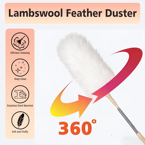 Lambswool Duster Extendable 22–55 Inch Natural Wool Duster with Flexible Head for Ceilings Furniture Blinds Electronics Washable Reusable White - color: White