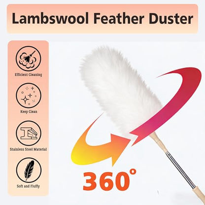 Lambswool Duster Extendable 22–55 Inch Natural Wool Duster with Flexible Head for Ceilings Furniture Blinds Electronics Washable Reusable White - color: White