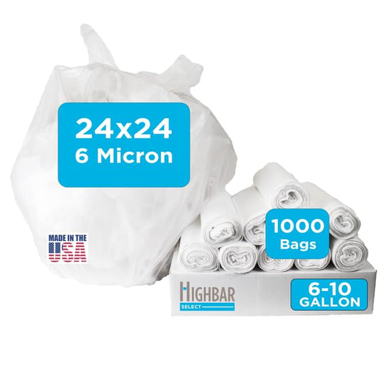 Highbar Select 24" x 24" Clear Trash Bags, 6-10 Gallon Trash Bag, 1000 Count, 6 Micron, Value Pack, Durable and Reliable 10 Gallon Trash Bags for Home and Office Use - style: 6-10 Gal, 6 Micron Equiv, 1,000 Count, Clear
