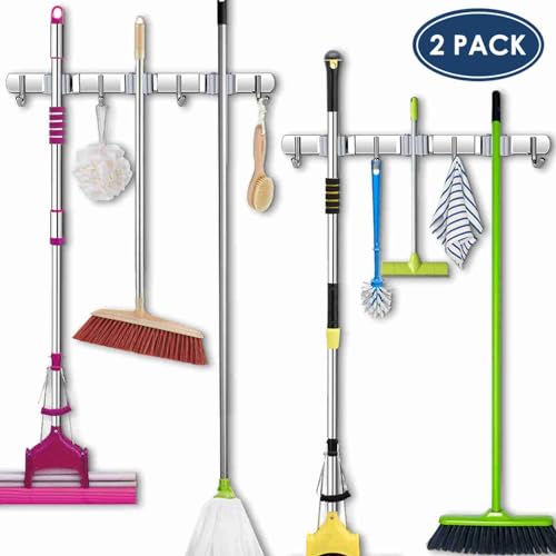 Tool Holder,2 Pack 3 Clip 4 Hook Rack,Steel Anti Rust Wall Mount Multi Function Storage for Kitchen Bathroom Garden Household Cleaning Tool Organizing Accessories
