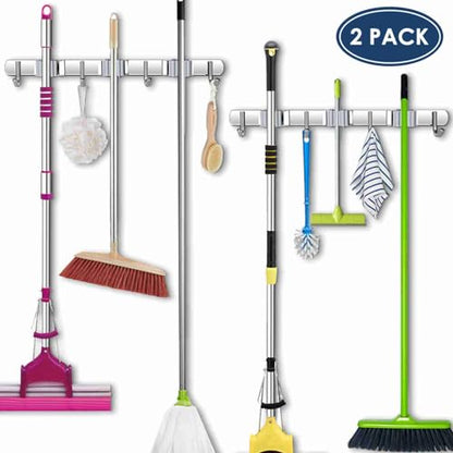 Tool Holder,2 Pack 3 Clip 4 Hook Rack,Steel Anti Rust Wall Mount Multi Function Storage for Kitchen Bathroom Garden Household Cleaning Tool Organizing Accessories