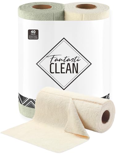 Fantasticlean Kitchen Towels - 40 Sheets - Reusable Washable Dishcloth Rolls, Super Absorbent, Premium Microfiber Cleaning Cloths, 10'' by 10'' (Beige, MossGreen) - color: Beige and Mossgreen