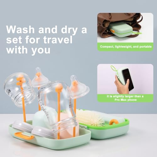 7in1 Travel Bottle Cleaner kit,Baby Essentials, with Bottle Brush、Nipple Brush、Straw Cleaner Brush、Soap Dispenser、Bottle Drying Rack、Drainage Tray、Storage Box,Baby Travel Essential (Green) - color: Green