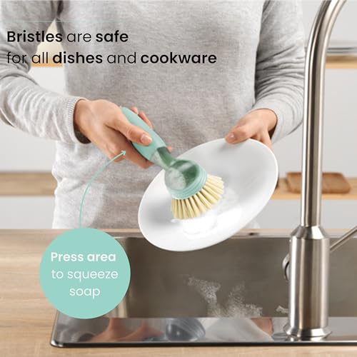 Vigar Rengo Dish Brush with Soap Dispenser - Dish Scrubber with Handle, Kitchen Scrub Brush for Dishes, Sink Cleaning Brush, Soap Dispensing Dish Wand with Nylon Bristles, Non Scratch - Turquoise - color: Turquoise