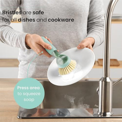 Vigar Rengo Dish Brush with Soap Dispenser - Dish Scrubber with Handle, Kitchen Scrub Brush for Dishes, Sink Cleaning Brush, Soap Dispensing Dish Wand with Nylon Bristles, Non Scratch - Turquoise - color: Turquoise