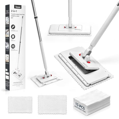 2-in-1 Dual Size Hands Free Flat Mop, Snap Grip Mini & Large Mop Compatible with Swiffer Pads, 15 Dry Pads and Reusable Cloths, Lazy Mops for Hardwood, Tile, Walls & Tight Spaces Cleaning