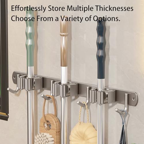 Wall-Mounted Broom Holder Stainless Steel Mop Storage Rack Laundry Room Storage Solution Suitable for Kitchens, Gardens, Garages (Silver: 2 clips with 3 hooks) - color: Silver: 2 clips with 3 hooks