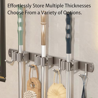 Wall-Mounted Broom Holder Stainless Steel Mop Storage Rack Laundry Room Storage Solution Suitable for Kitchens, Gardens, Garages (Gray: 2 clips with 3 hooks) - color: Gray: 2 clips with 3 hooks