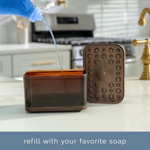 S&T INC. Dish Soap Dispenser and Sponge Holder for Kitchen Sink, Waterproof Labels and Sponge Included, 13 Ounces, Plastic, Walnut and Amber - color: Walnut and Amber