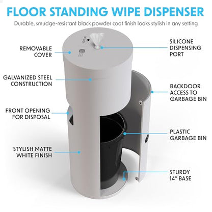 Wipex Gym Wipes Bundle: (1) Premium White Wipe Dispenser with Trash Bin - Stainless Steel and (1) 800ct Disinfecting Gym Wipes Refill Roll - Suitable Use for School, Office, Gym, and Public Venues - size: Bundle: 1 Refill + White Floor Dispenser