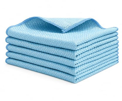 Microfiber Cleaning Cloths for Glass, Ultra-Fine, Highly Absorbent, Streak-Free, Fish-Scale Pattern, Extra-Thick, Blue, 5-Pack