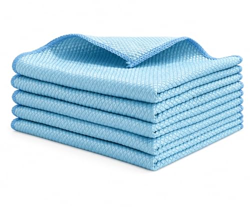 Microfiber Cleaning Cloths for Glass, Ultra-Fine, Highly Absorbent, Streak-Free, Fish-Scale Pattern, Extra-Thick, Blue, 5-Pack