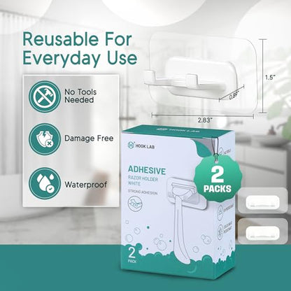 Hook LAB Strong Adhesive Shower Razor Holder, 2-Pack, Removable & Reusable Waterproof Hooks for Bathroom, Kitchen, Towels & Accessories – White - color: White - Extra Hold