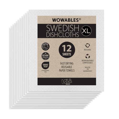 Swedish Dishcloths for Kitchen XL, 12 Sheet Roll, Biodegradable & Compostable, Reusable Paper Towel Cleaning Cloths, 11" x 10", No Odor, Washing Dishes, Ultra Absorbent Cellulose Sponge Towel, By LOLA - color: Natural, size: 12 Sheets