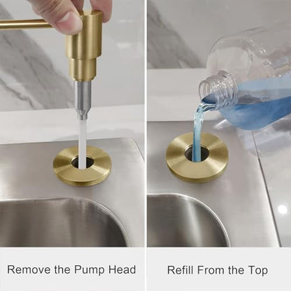 EADOT Brushed Gold All Brass Sink Soap Dispenser for Kitchen Sink Deck Mounted with 17 OZ Above The Sink Refillable PET Bottle Brass Pump Head in Counter Dish Soap Dispenser - color: Brushed Gold