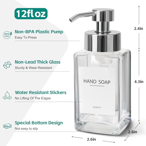 Foaming Soap Dispenser, 12oz/350ml Glass Hand Soap Dispenser Set, Refillable Foam Dispenser with Foaming Pump, Labels, Square Hand Dispenser for Bathroom, Kitchen 2 Pack - color: Clear Bottle+silver Pump