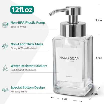 Foaming Soap Dispenser, 12oz/350ml Glass Hand Soap Dispenser Set, Refillable Foam Dispenser with Foaming Pump, Labels, Square Hand Dispenser for Bathroom, Kitchen 2 Pack - color: Clear Bottle+silver Pump