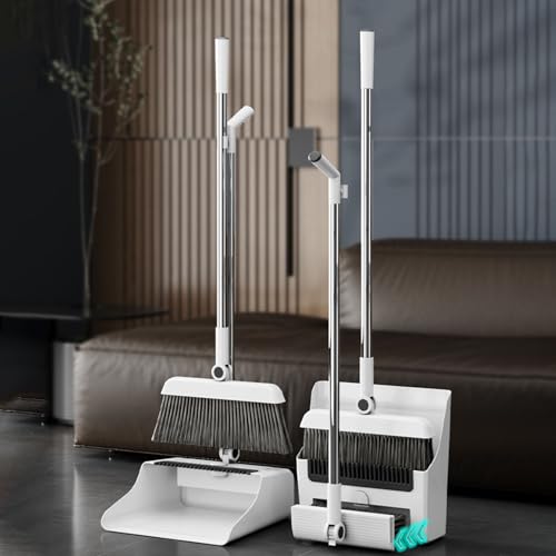 3-in-1 Broom and Dustpan Set - Stainless Steel Handle Floor Cleaning Kit for Home & Office, Space-Saving Storage Design - color: White