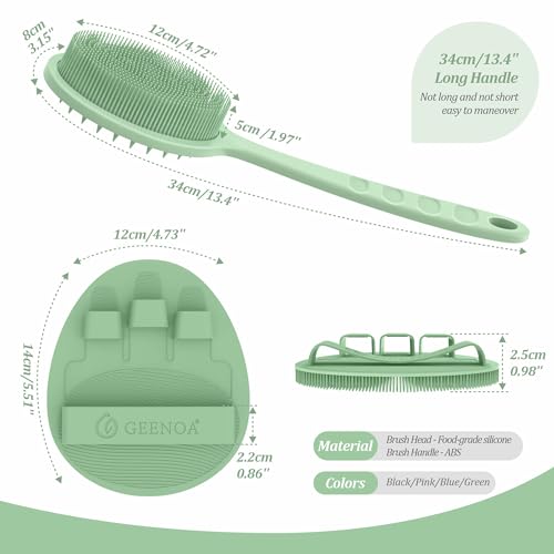 Silicone Back Scrubber & Bath Glove Set 2PCS, 13.4'' Gentle Shower Back Scrubber with Dual-Side Head Non-Slip Handle, 360° Anti-Slip Hand-fit Bath Glove for Rich Foaming Deep Cleaning(Green) - color: Green*2