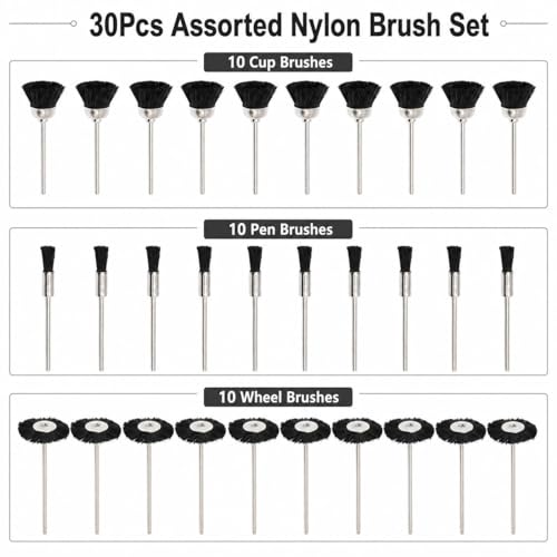 Soft Nylon Bristle Brushes Cup Wire Brush Set Cleaning Polishing Accessories 2.35mm Shank for Rotary Drill Tools Pack of 30 Pieces