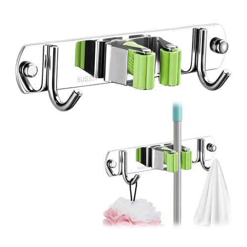 Upgrade Broom Holder Wall Mount, 304 Stainless Steel Mop & Broom Storage Organizer with Hooks, Self-Adhesive or Screw Install for Bathroom Garage Kitchen (green, 1 Rack and 2 Hooks) - color: green, size: 1 Rack and 2 Hooks