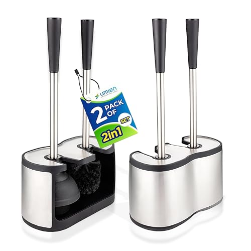 UMIEN 2-Pack Toilet Brush and Plunger Set for Bathroom - Toilet Bowl Brush Plunger Combo with Freestanding Canister - Replaceable Head, No-Rust Stainless Steel, Long Handle - Satin Nickel - color: Satin Nickel, size: 2 pack