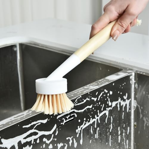 ALINK Dish Brush with Handle and 3 Replacement Heads, Pot and Pan Cleaning Scrub Brush for Kitchen, Sink, Stove, Cast Iron Scrubber