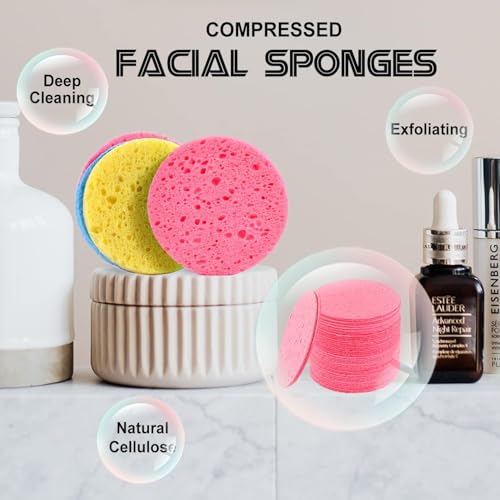 100-Count Compressed Facial Sponges, Round 100% Natural Cellulose Cosmetic Spa Sponges for Daily Facial Cleansing, Makeup and Mask Removal Exfoliating, Skin Massage, Pink - color: 100- Pack Pink