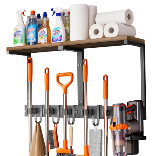 Supforce Broom Holder Wall Mount with Top Wooden Shelf, Heavy Duty Metal Cleaning Supplies Broom Hanger with Vacuum Organizer and 5 Slots & 5 Hooks for Laundry Garage Tool Storage Kitchen (Large) - color: Black, size: Large