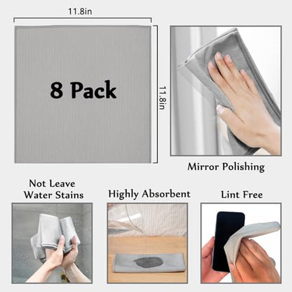 XANGNIER Microfiber Glass Cleaning Cloths,8 Pack Streak Free Miracle Cleaning Cloth,Reusable Lint Free Cleaner Towels for Kitchen,Windows,Mirror,Glasses,Car Windshields,Stainless Steel,11.8"×11.8" - color: Sliver-grey