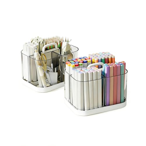 2 Pack Small Plastic Portable Caddy with Handle, Stackable Pen Holder 4 Compartments, Clear Pencil Organizer for Art Supplies, Crafts, Colored Pencils, Stationery, Markers - size: 2